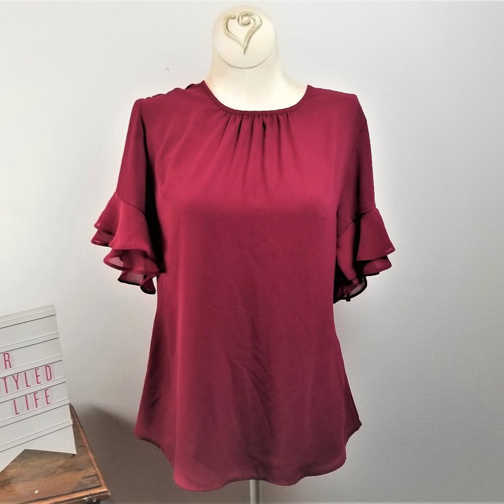 Van Heusen Poly/Chiffon Maroon XS Ruffled Sleeve W